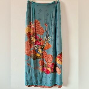 FREE PEOPLE | Teal Maxi Tie-Back Skirt with Floral and Bird Design - Size 5
